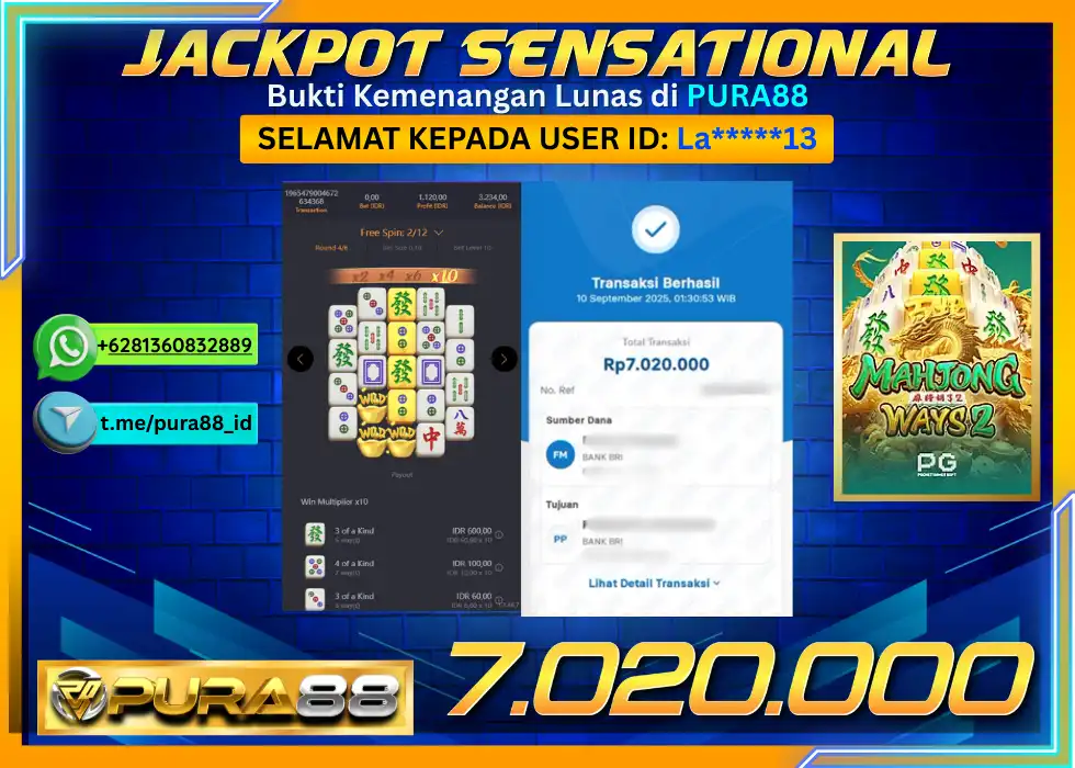 PURA88 JACKPOT SENSATIONAL MAHJONG WAYS 2 Rp 7.020.000,- LUNAS