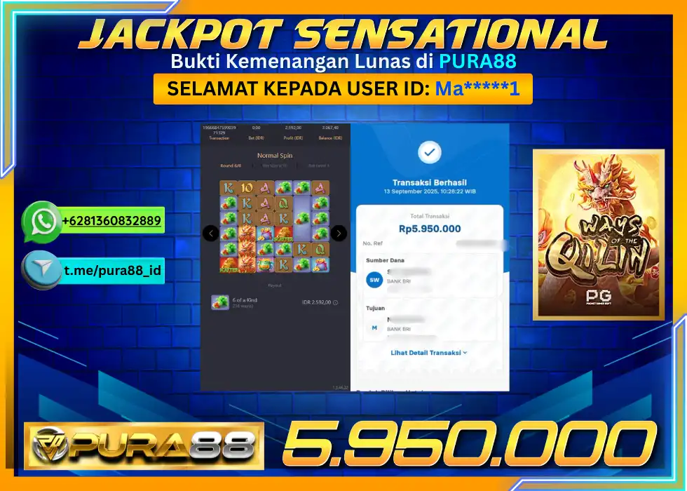 PURA88 JACKPOT SENSATIONAL WAYS OF THE QILIN Rp 5.950.000,- LUNAS