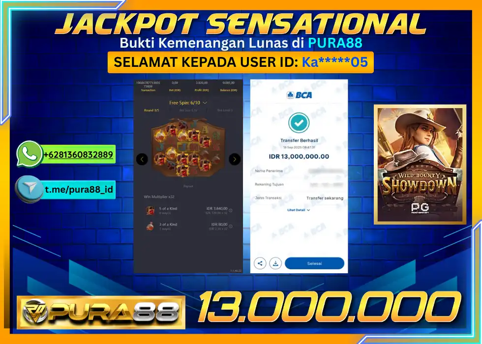 PURA88 JACKPOT SENSATIONAL WILD BOUNTY SHOWDOWN Rp 13.000.000,- LUNAS