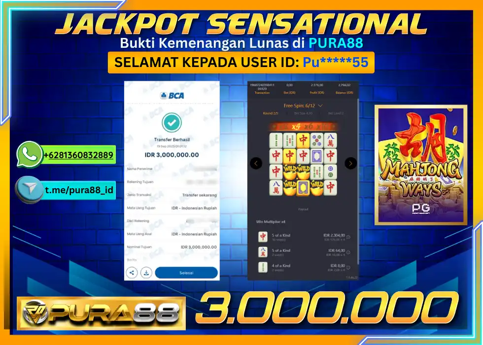 PURA88 JACKPOT SENSATIONAL MAHJONG WAYS 1 Rp 3.000.000,- LUNAS