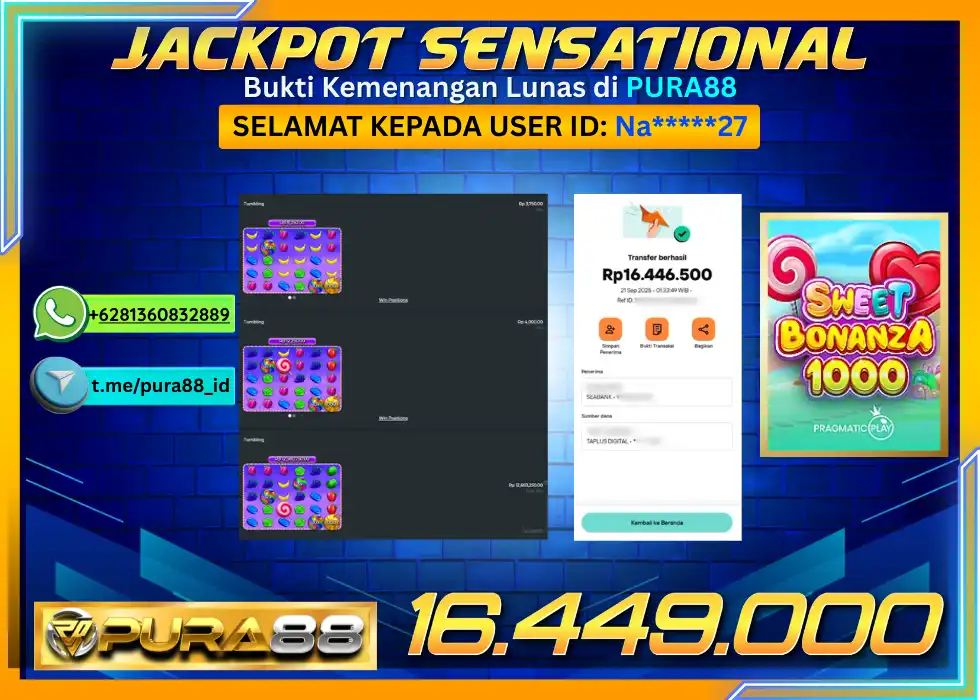 PURA88 JACKPOT SENSATIONAL SWEET BONANZA 1000 Rp 16.449.000,- LUNAS