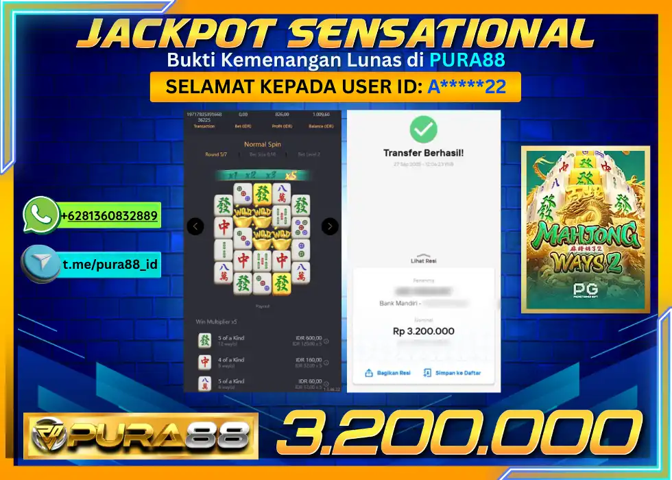 PURA88 JACKPOT SENSATIONAL MAHJONG WAYS 2 Rp 3.200.000,- LUNAS
